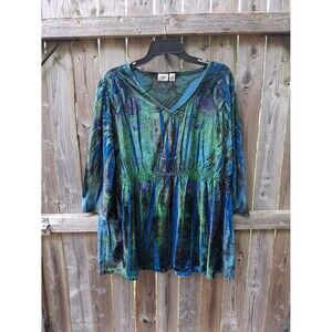 18/20W Cato Top Velour Bright Blue Green & Purple Peacock Paisley Print